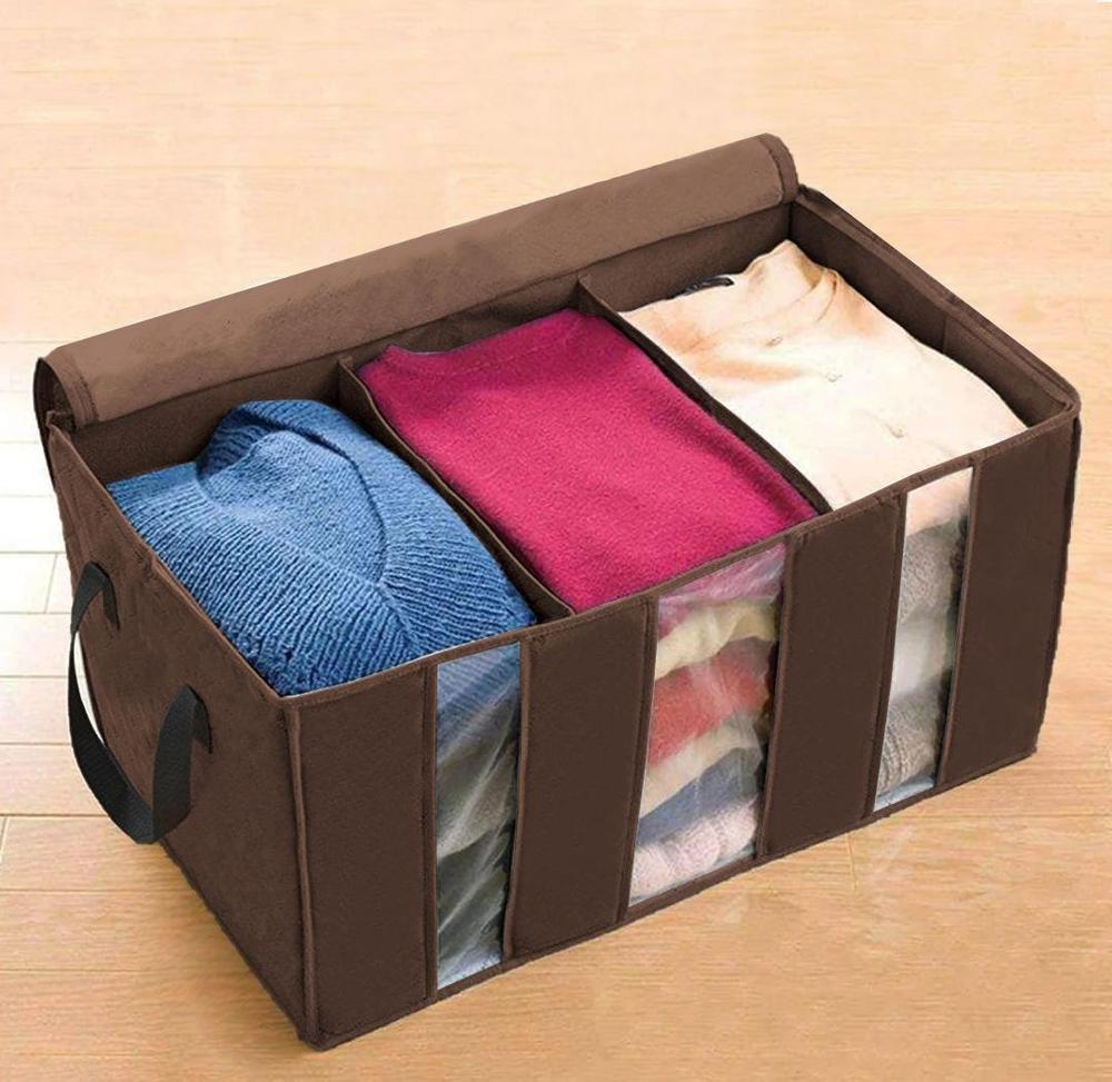 3-Compartment Storage Box Brown Transparent Handles