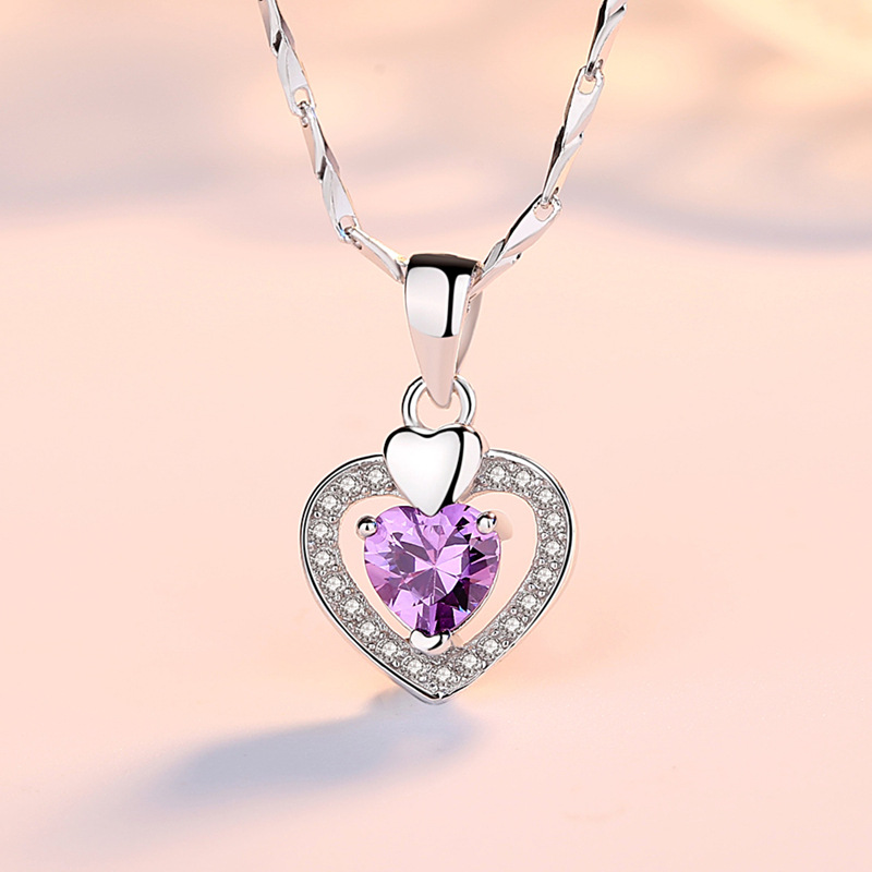 Sterling Silver Heart Pendant Necklace with Purple Diamond - Image 2