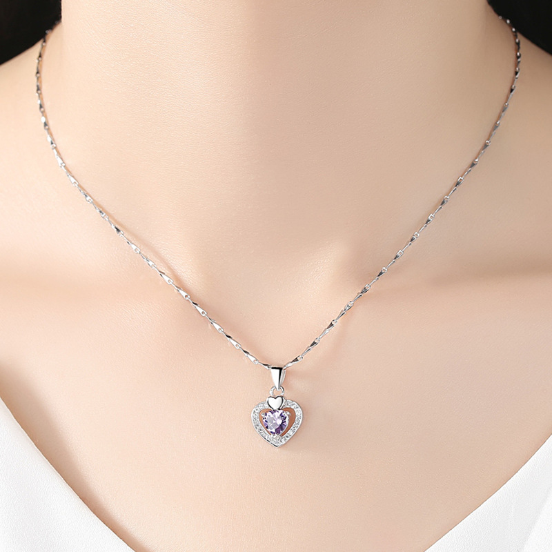 Sterling Silver Heart Pendant Necklace with Purple Diamond - Image 4