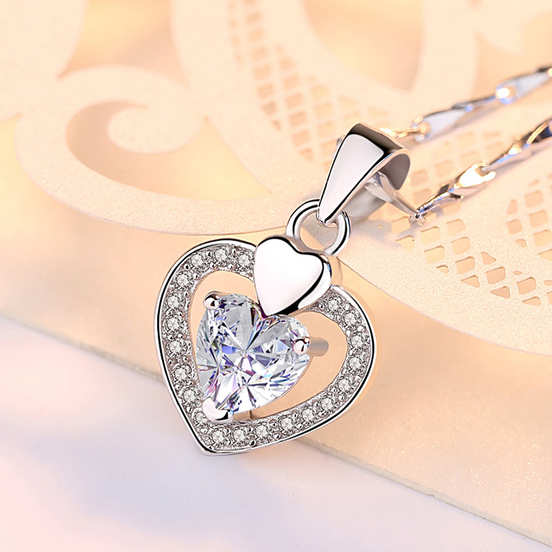 Sterling Silver Heart Pendant Necklace with Purple Diamond - Image 3