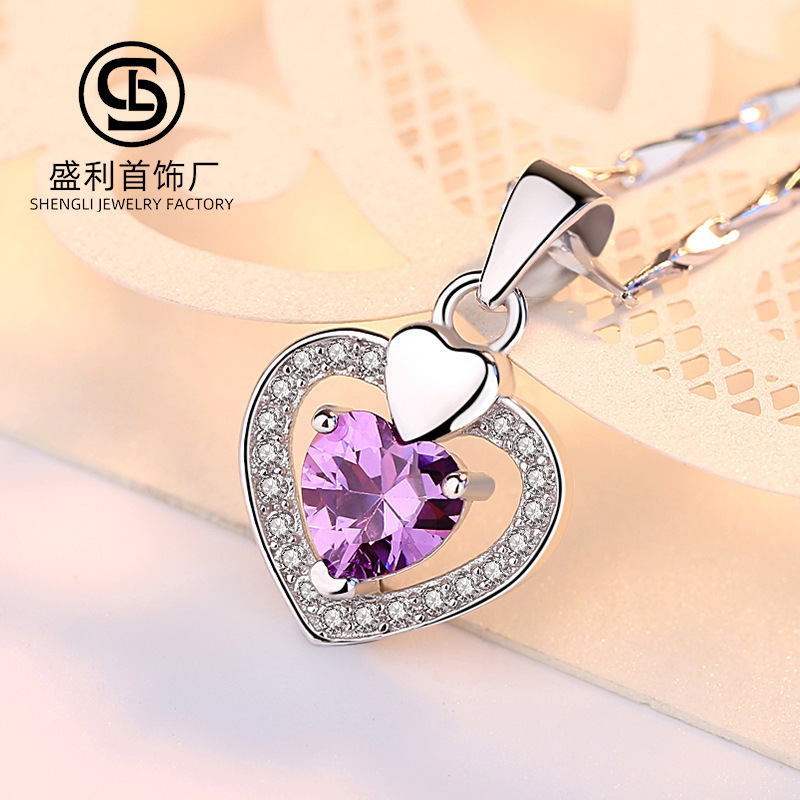 Sterling Silver Heart Pendant Necklace with Purple Diamond - Image 6