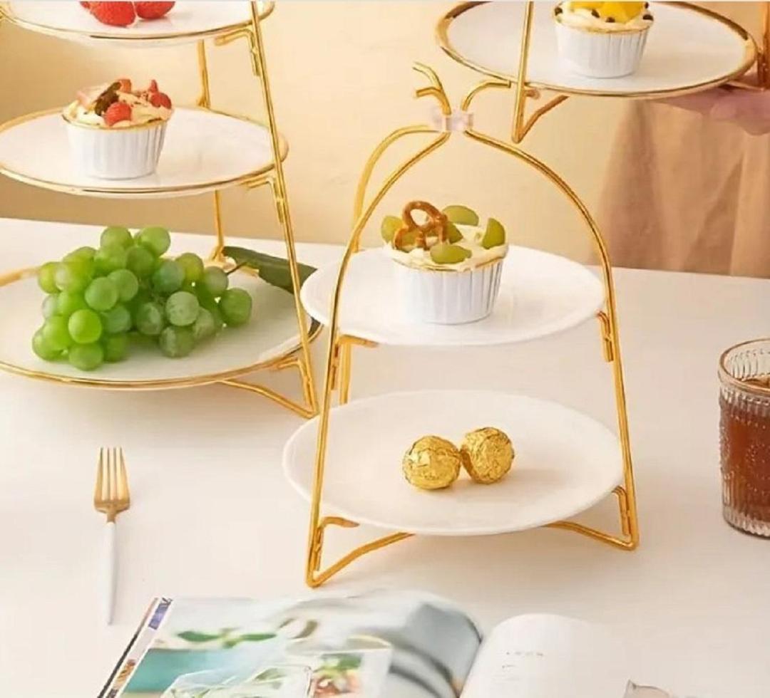 Golden 3-Tier Fruit & Dessert Stand with Iron Construction