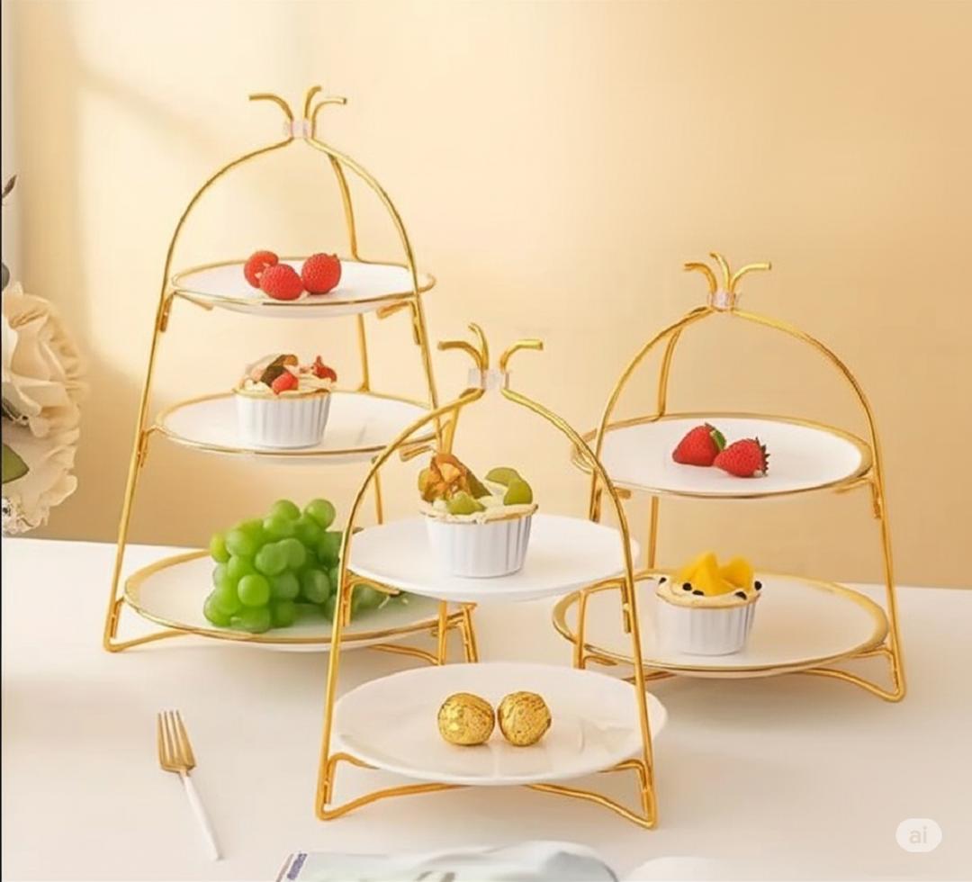 Golden 3-Tier Fruit & Dessert Stand with Iron Construction - Image 2