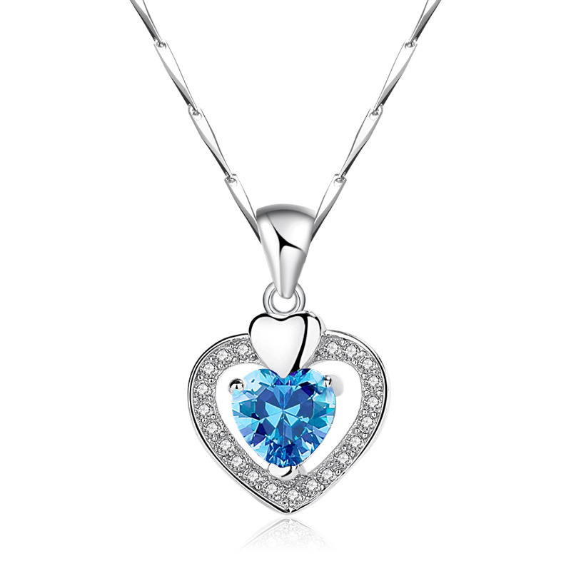 Sterling Silver Heart Pendant Necklace with Purple Diamond - Image 5