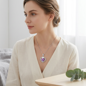 Sterling Silver Heart Pendant Necklace with Purple Diamond